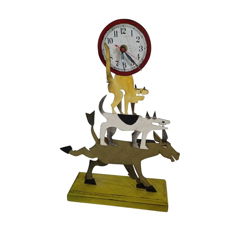 Whimsical Folk Art Wooden Shelf Clock Town Musician Bremen Donkey Dog Cat Signed